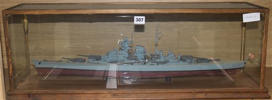 A cased model of a World War II German naval ship, H.28cm, W.78cm, D.21cm